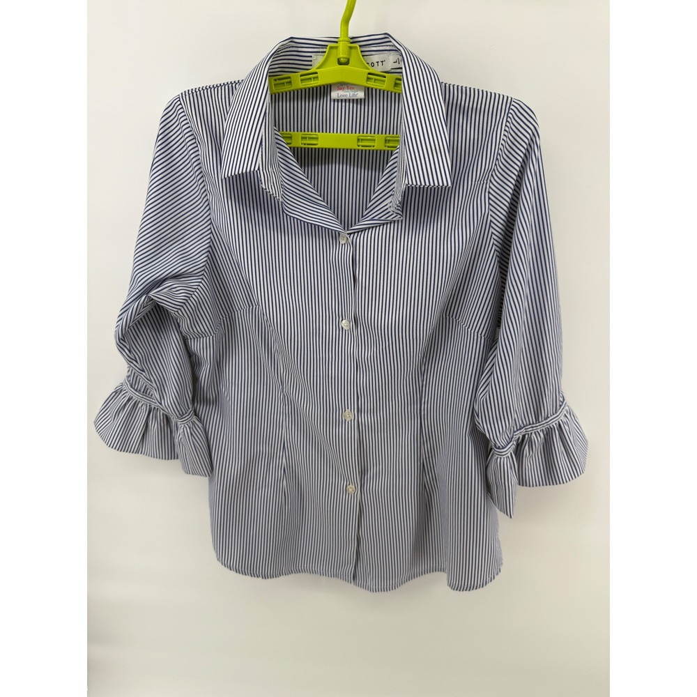 Gretchen Scott Women Blue White Stripe Ruffle 3/4 Sleeve Button Down Shirt Large